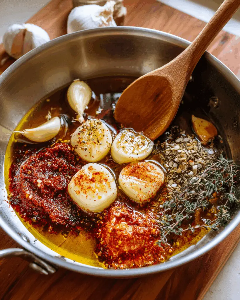 Cooking garlic and paprika in olive oil for chicken orzo soup