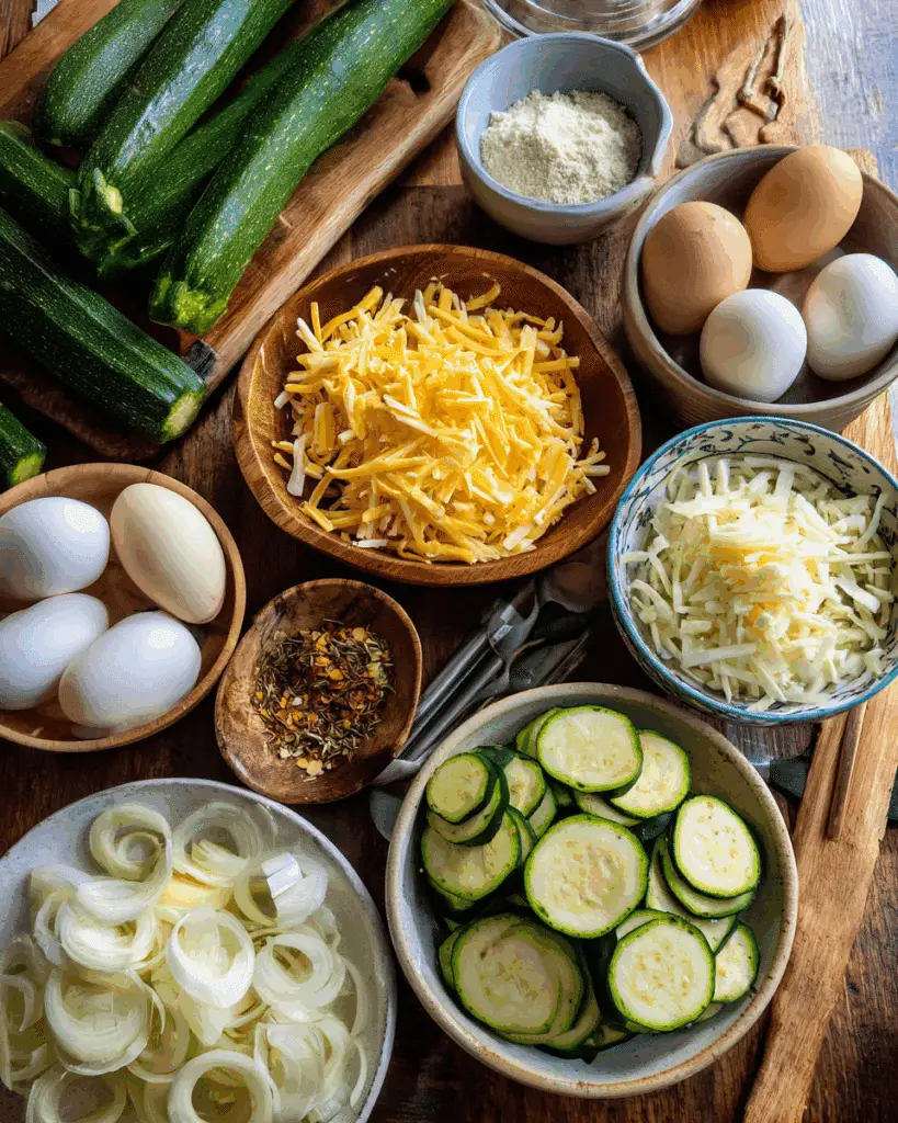 Zucchini Onion Pie Ingredients laid out