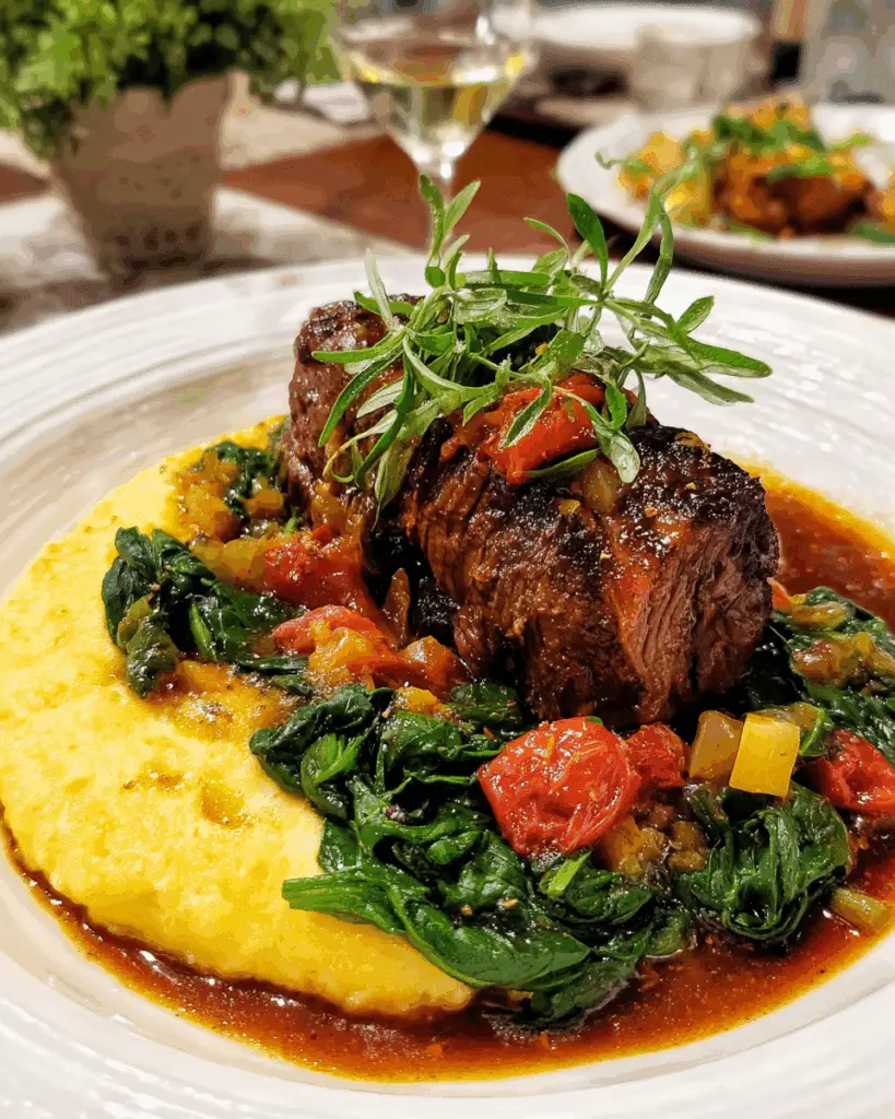 Beef Braciole served with polenta and greens