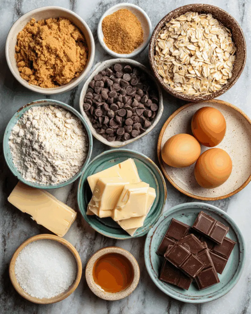 Ingredients for chocolate chip oatmeal coconut cookies