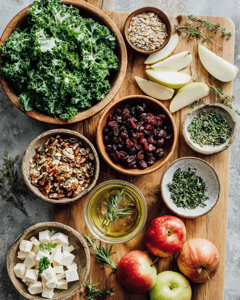 Ingredients for Crunchy Kale Salad with Apples on board