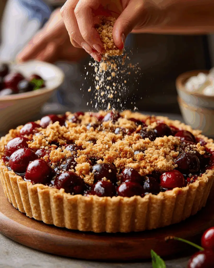 Crumble topping added to cherry dessert pizza