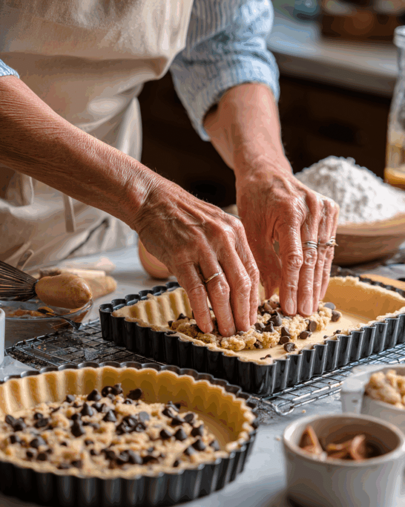 Preparing the cookie base for Chocolate Chip Salted Caramel Tart