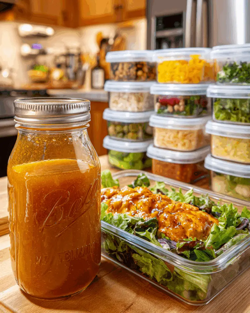 Hot Honey Ranch in fridge with meal prep