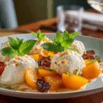 Turkish Poached Apricots with Ricotta on ceramic plate