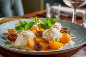 Turkish Poached Apricots with Ricotta on ceramic plate