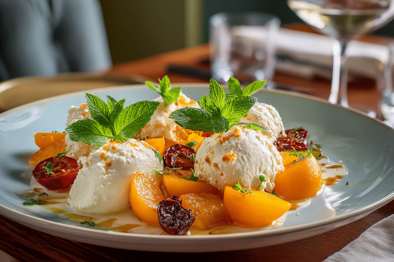 Turkish Poached Apricots with Ricotta on ceramic plate