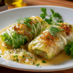Steamed cabbage rolls with carrot ribbons and mushroom sauce