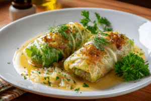 Steamed cabbage rolls with carrot ribbons and mushroom sauce