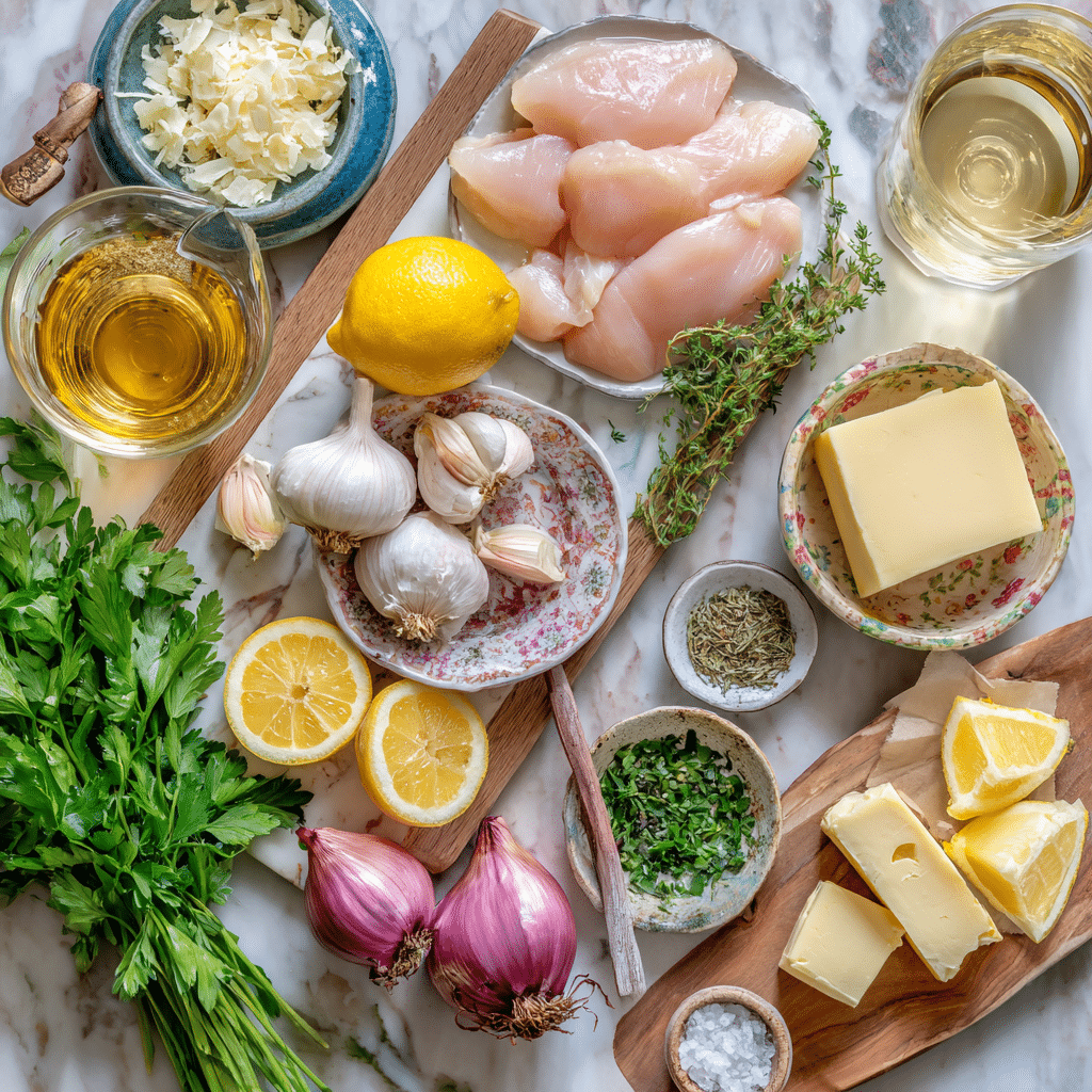fresh ingredients for lemon shallot chicken laid out on kitchen counter