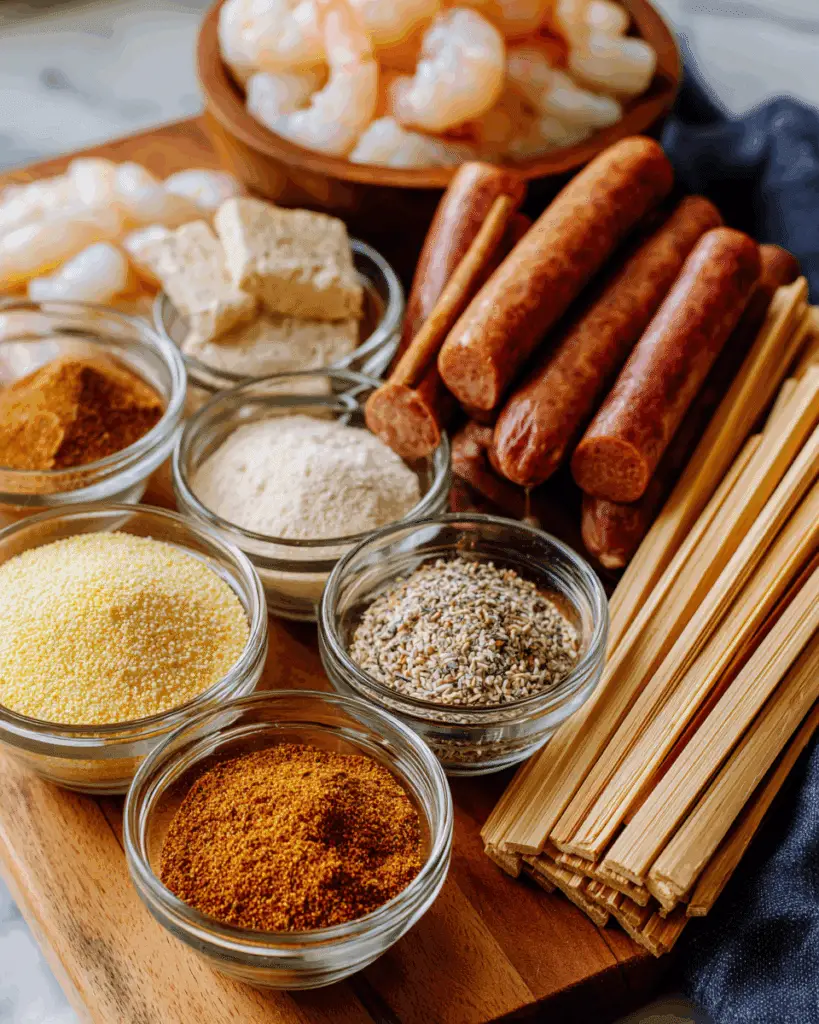 Ingredients for Sausage Shrimp Cajun Corndogs