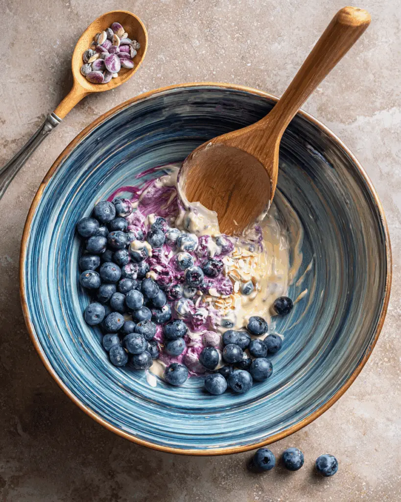 Mixing batter for baked blueberry fritter bites with blueberries and yogurt