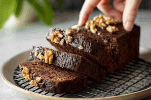 Freshly baked chocolate walnut banana bread sliced on wooden board