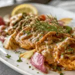close-up lemon shallot chicken in skillet with creamy sauce