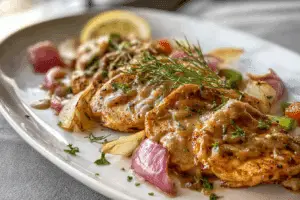 close-up lemon shallot chicken in skillet with creamy sauce