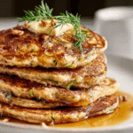 Fluffy Zucchini Bread Pancakes stacked with syrup and pecans