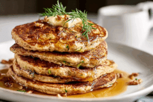 Fluffy Zucchini Bread Pancakes stacked with syrup and pecans