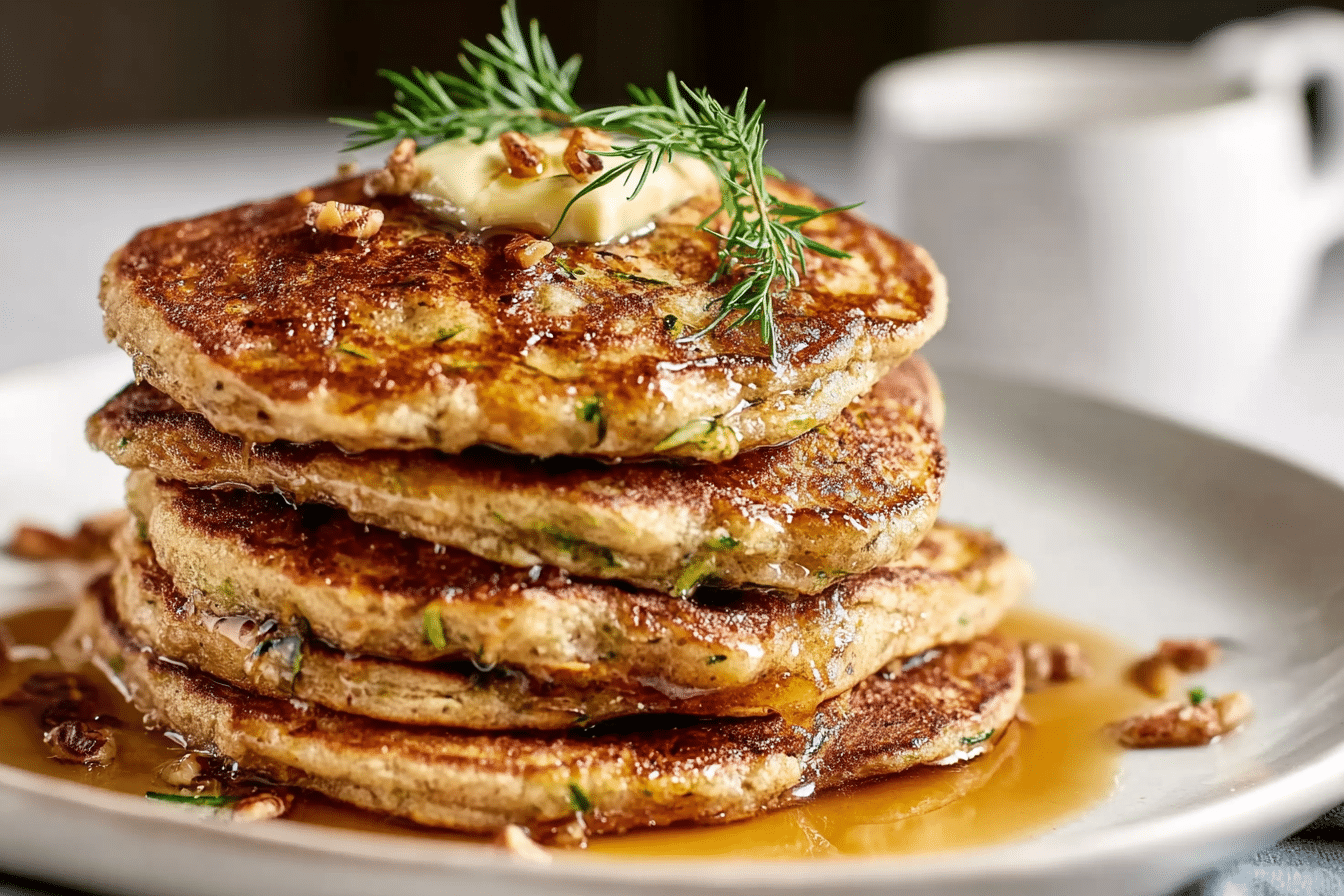 Fluffy Zucchini Bread Pancakes stacked with syrup and pecans