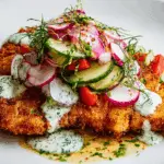 Chicken Milanesa with Maggi Ranch Sauce plated with cucumber salad