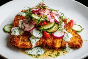 Chicken Milanesa with Maggi Ranch Sauce plated with cucumber salad