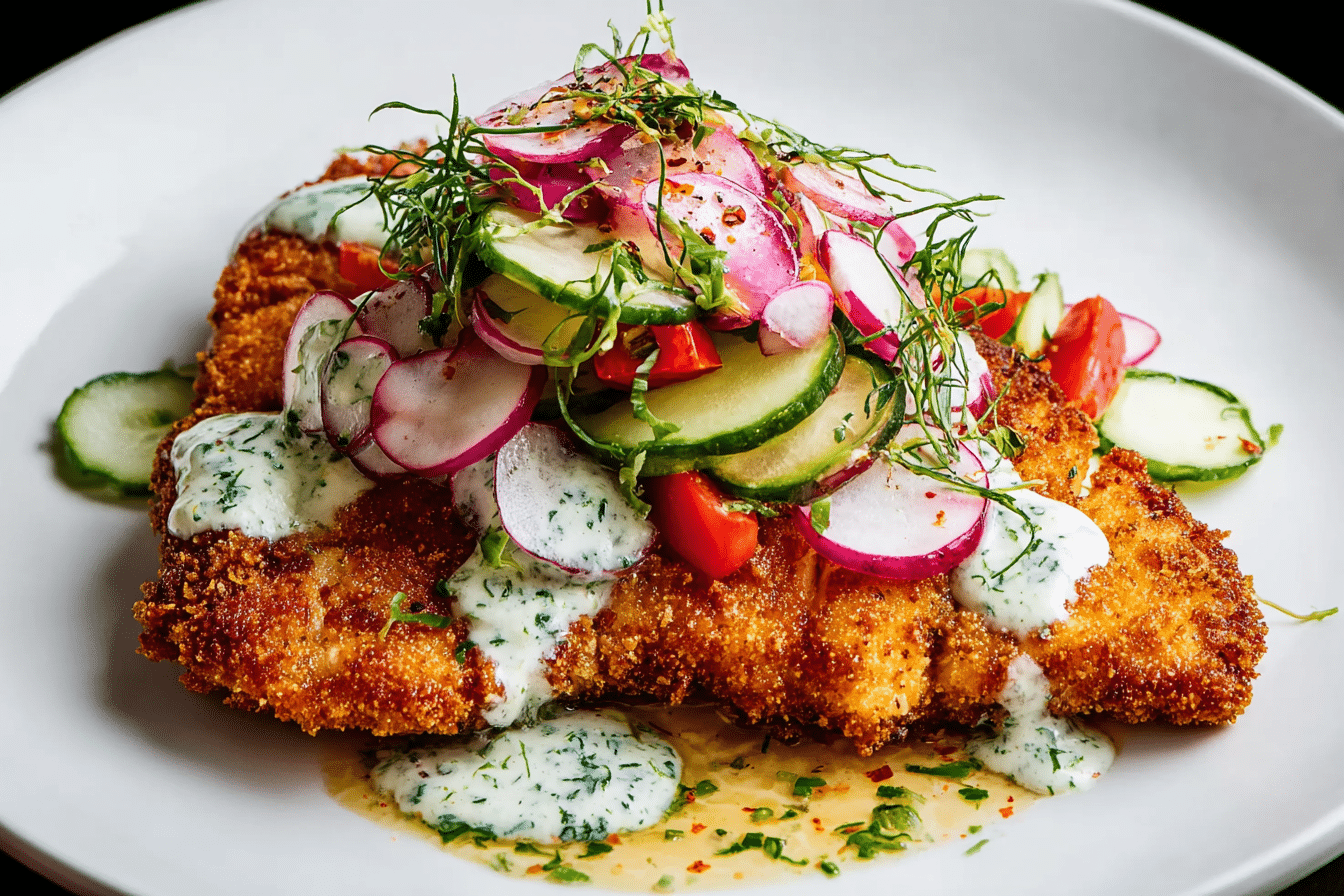 Chicken Milanesa with Maggi Ranch Sauce plated with cucumber salad