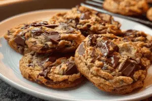 Chubby Hubby Cookies stacked with chocolate and pretzel drizzle