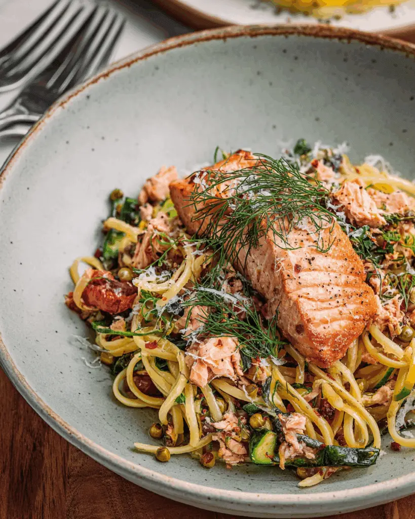 Romantic dinner with salmon linguine and wine