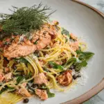 Salmon Linguine With Chilli Oil served hot with parmesan