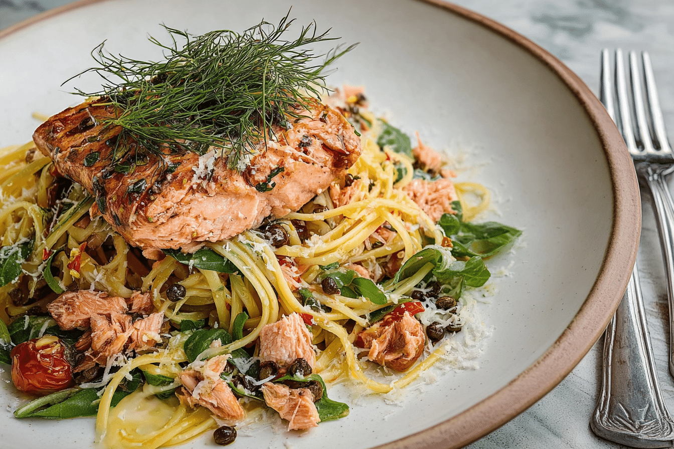 Salmon Linguine With Chilli Oil served hot with parmesan