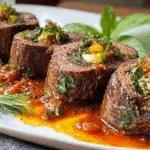 Beef Braciole topped with marinara and herbs