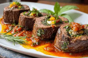 Beef Braciole topped with marinara and herbs