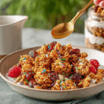 Birthday Cake Granola Clusters in a bowl with rainbow sprinkles