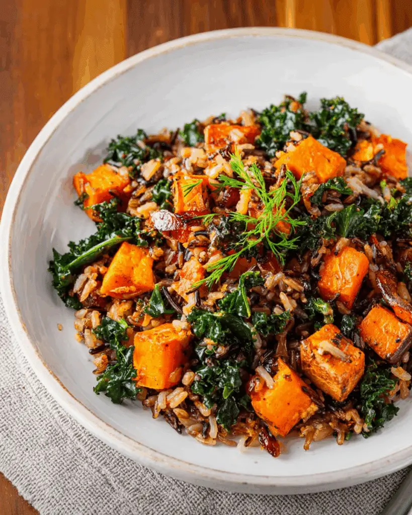 Mini ramekins of caramelized sweet potato and kale fried wild rice