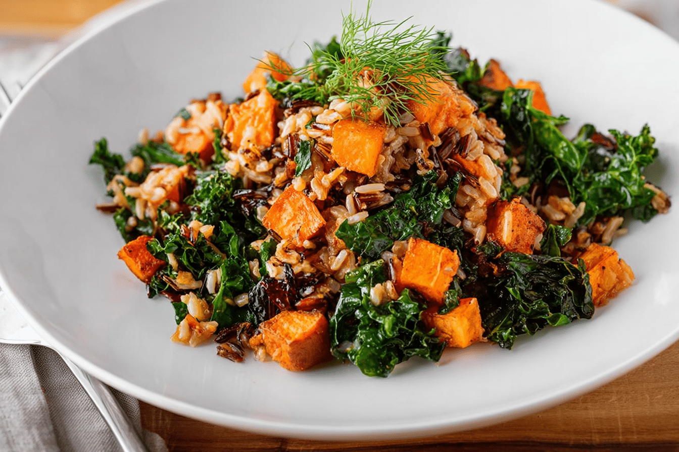 Caramelized Sweet Potato and Kale Fried Wild Rice served with vinaigrette