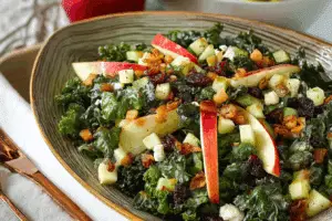 Crunchy Kale Salad with Apples in white bowl
