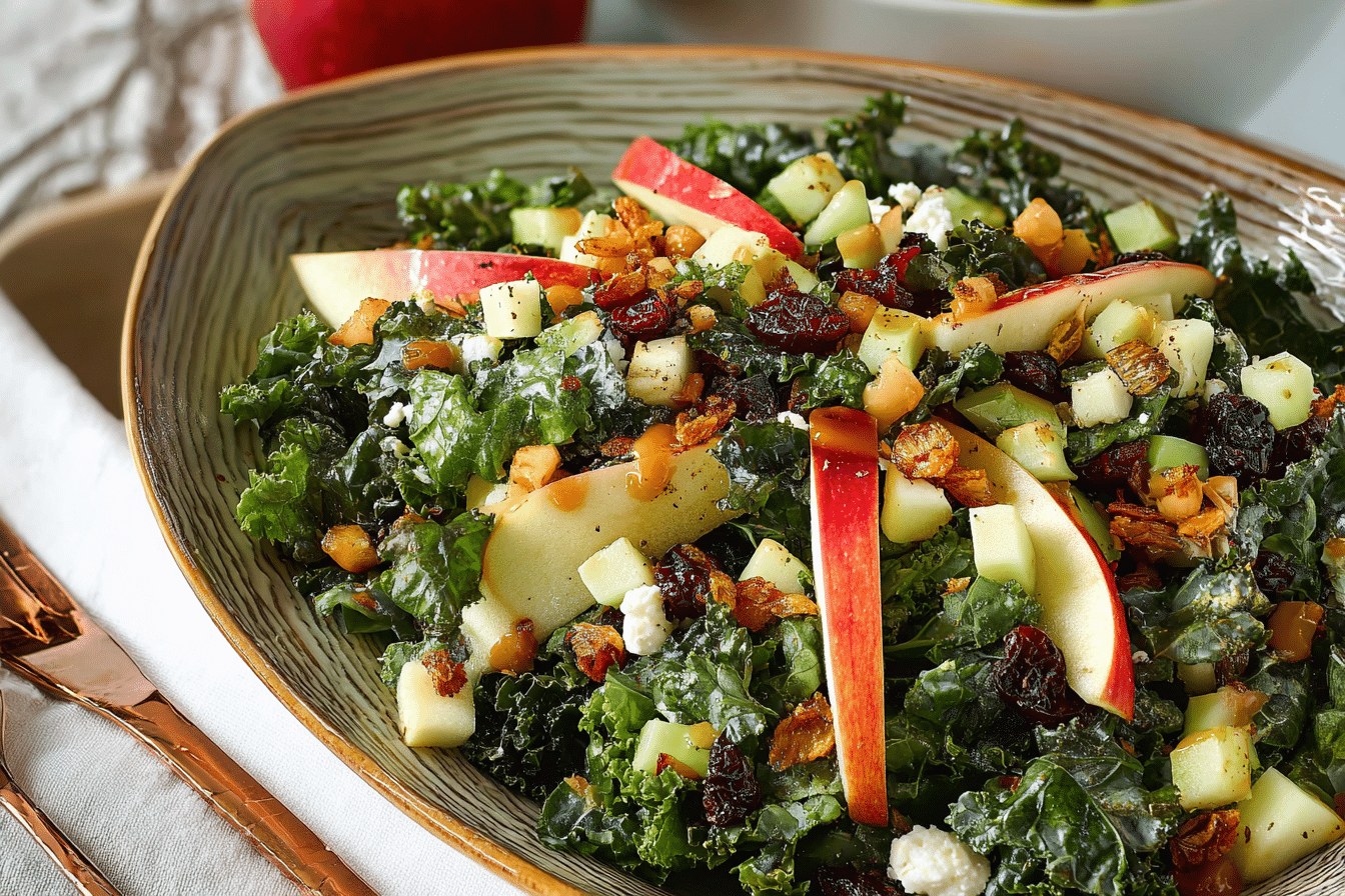 Crunchy Kale Salad with Apples in white bowl