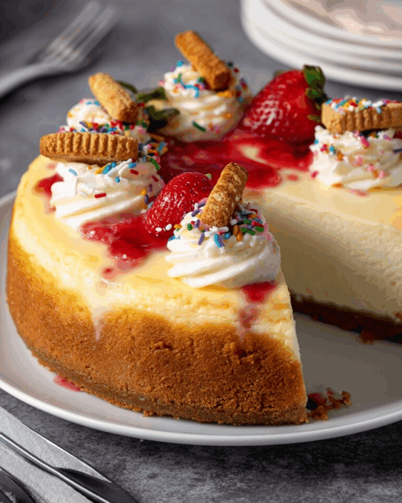 Plated sugar cookie cheesecake with toppings
