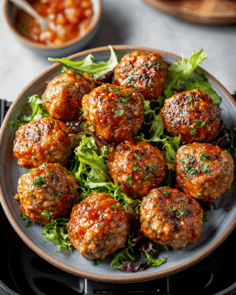 Keto meatballs served with marinara and vegetables