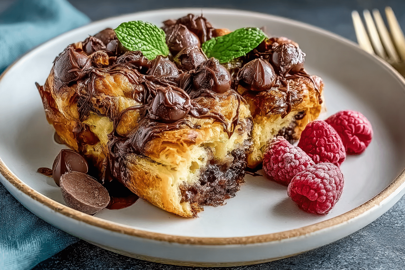 Decadent Chocolate Croissant Breakfast Bake fresh from the oven