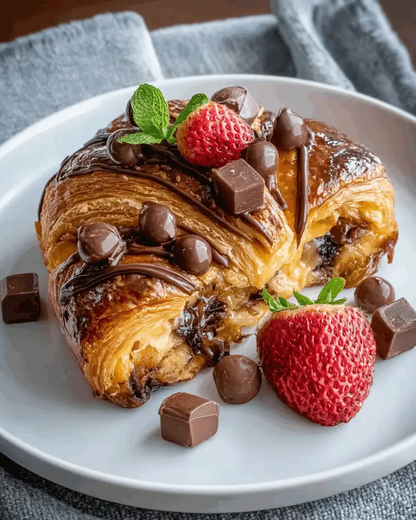 Chocolate Croissant Breakfast Bake with berries and cream