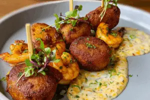 Sausage Shrimp Cajun Corndogs with Creole mustard dip