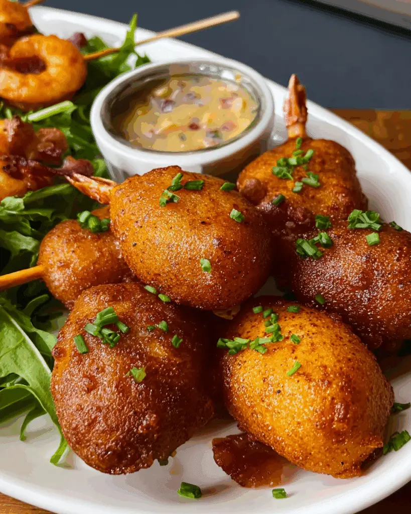 Party tray of Sausage Shrimp Cajun Corndogs with sauces
