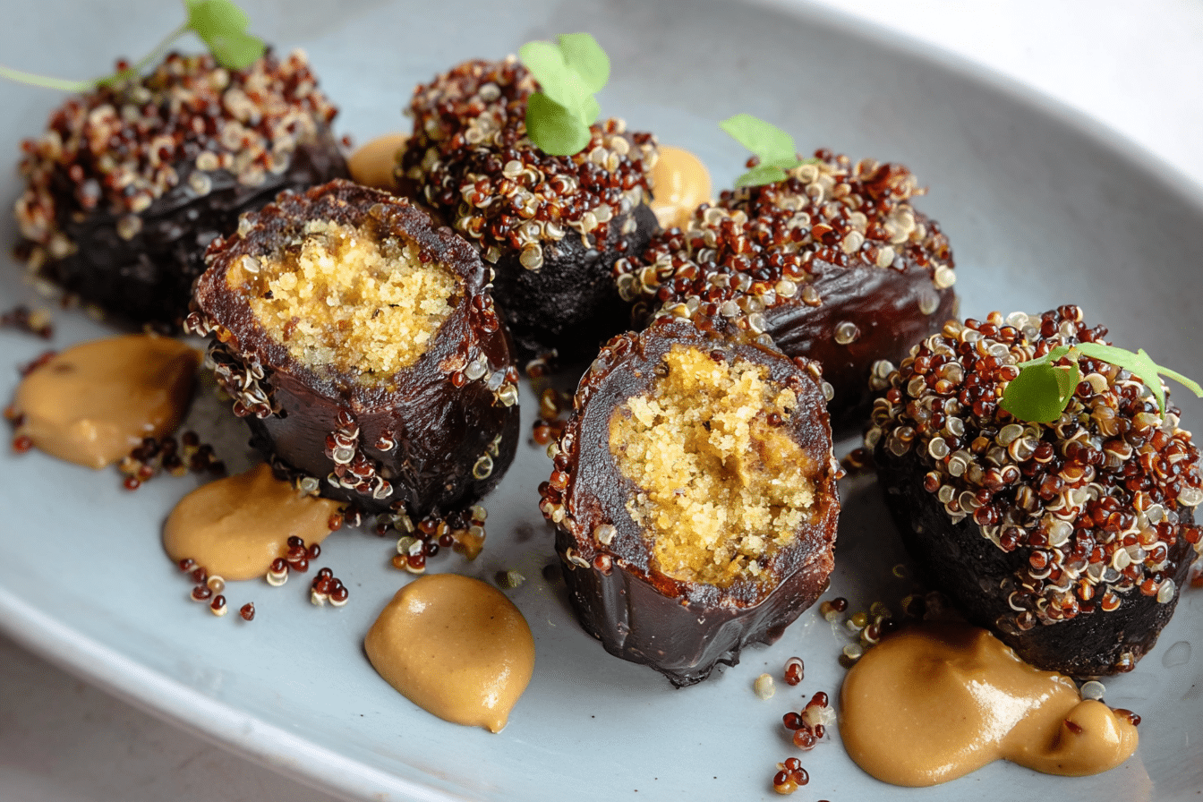 Fresh quinoa crunch stuffed dates with peanut butter and chocolate.