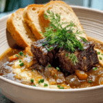 Steaming French Onion Beef Short Rib Soup in a rustic bowl.