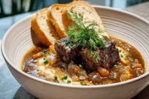 Steaming French Onion Beef Short Rib Soup in a rustic bowl.