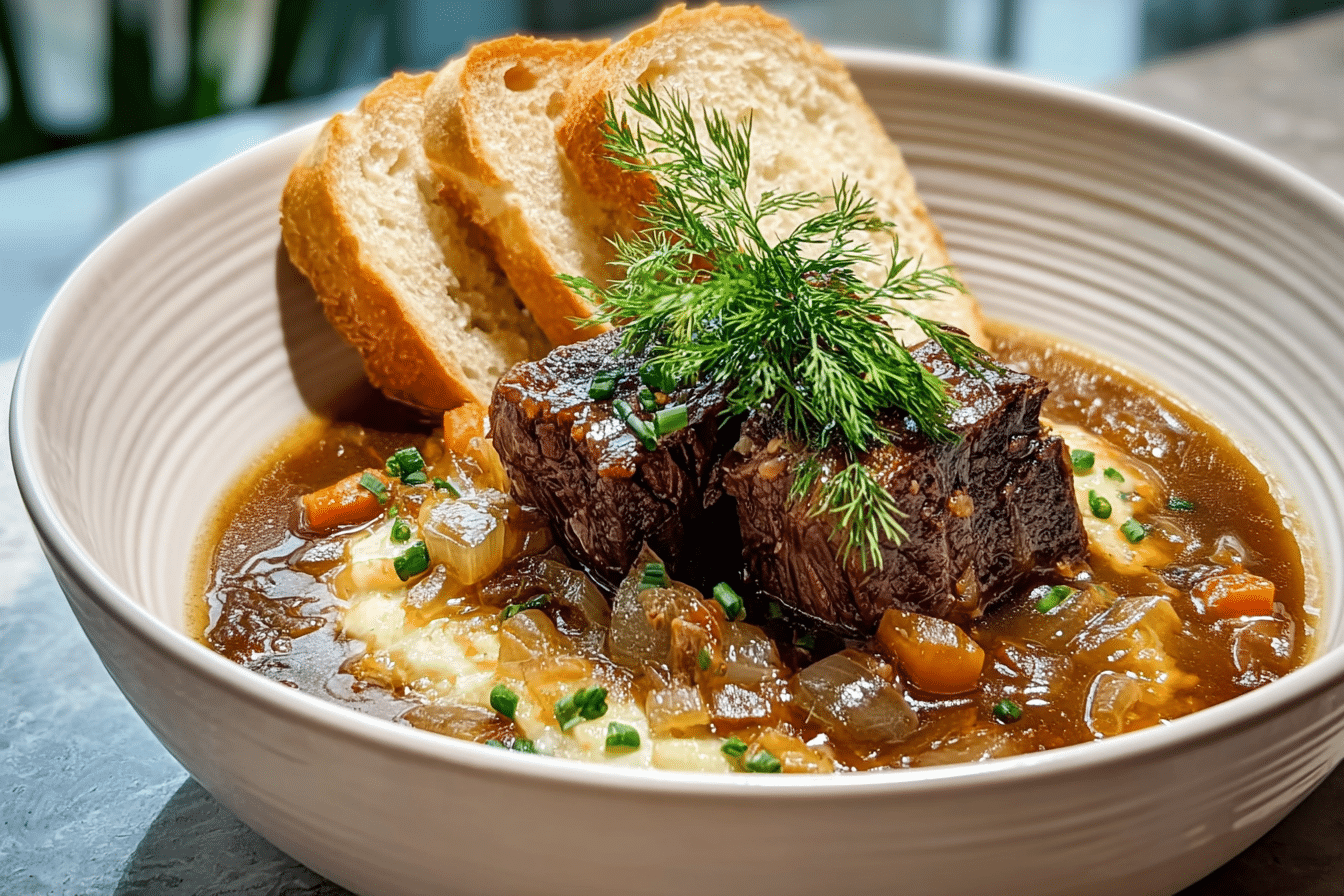 Steaming French Onion Beef Short Rib Soup in a rustic bowl.