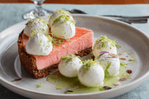 Watermelon key lime pie on white plate