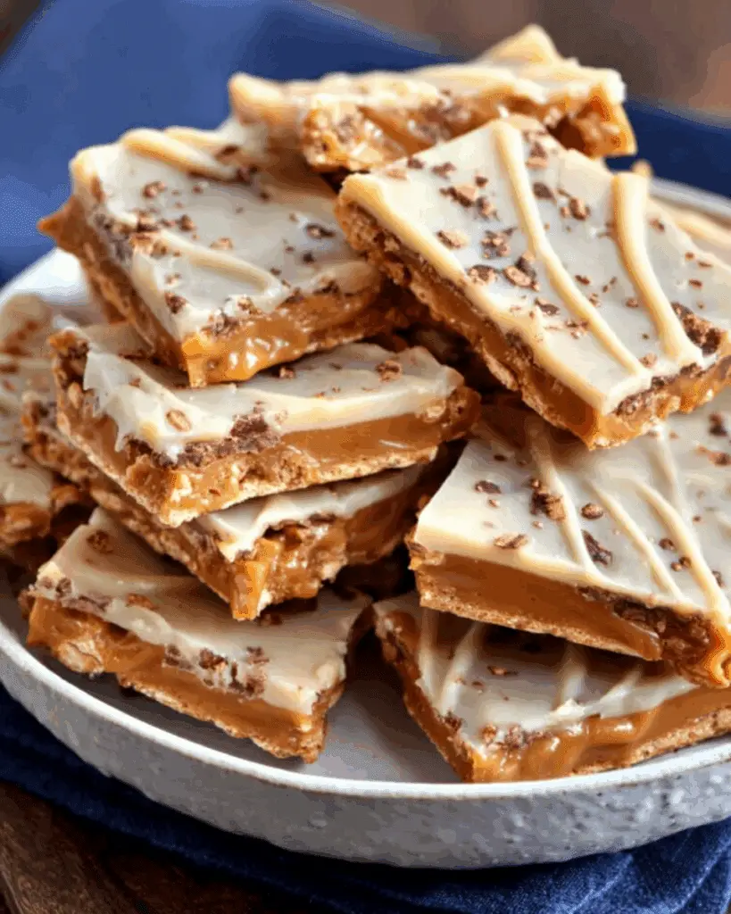 Spreading peanut butter white chocolate over cracker toffee