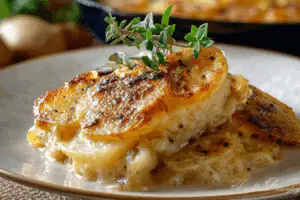 cheesy garlic scalloped potatoes fresh from oven