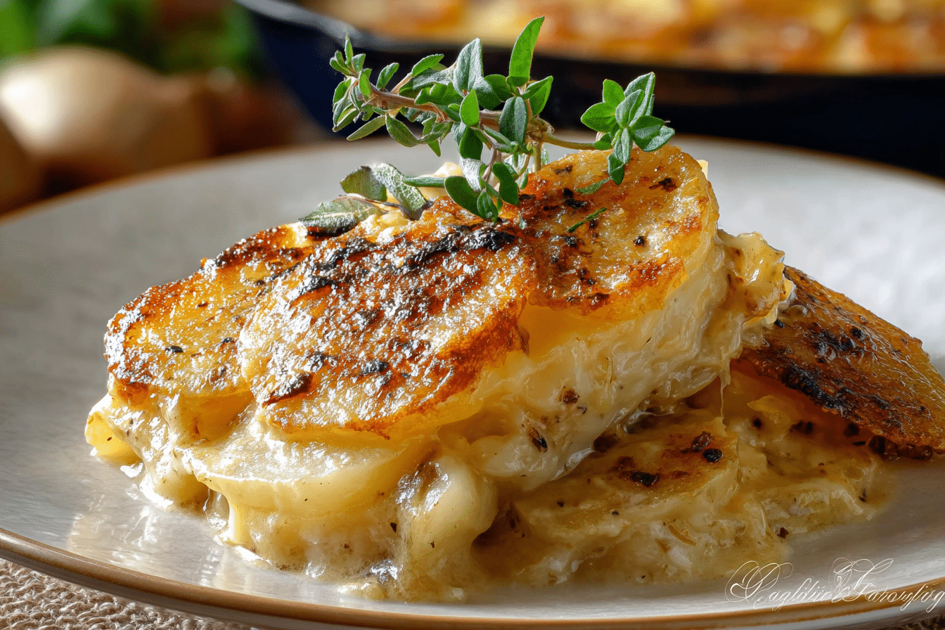 cheesy garlic scalloped potatoes fresh from oven
